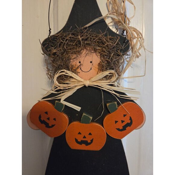Handmade Wooden Happy Halloween Witch with Pumpkin and Cat Wall Hanging Vtg - Picture 2 of 4